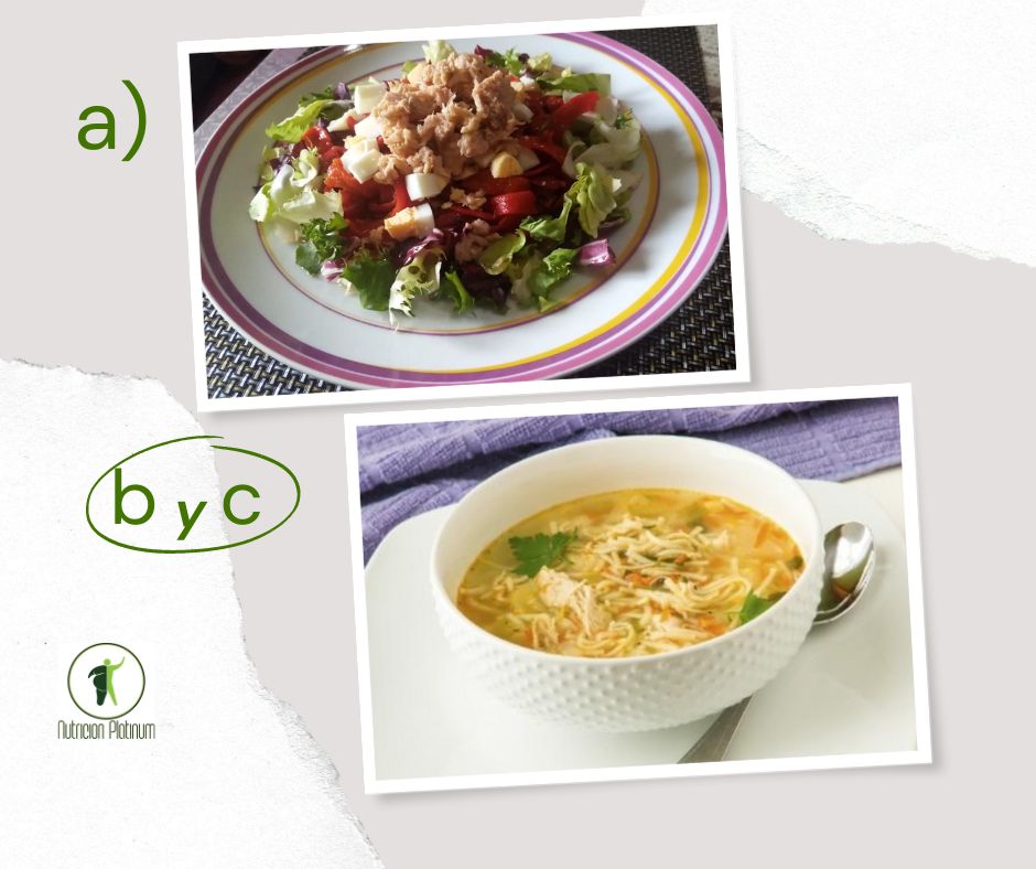 Ensalada de pimientos asados, atún y huevo con sopa de fideos, pollo y zanahoria